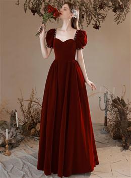 Picture of Wine Red Color Short Sleeves Velvet Sweetheart Party Dresses, Velvet Long Formal Dresses